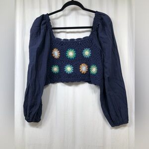 Aerie Crochet Crop Top Blouse Medium Puff Long Sleeves Blue Multicolor Flowers
